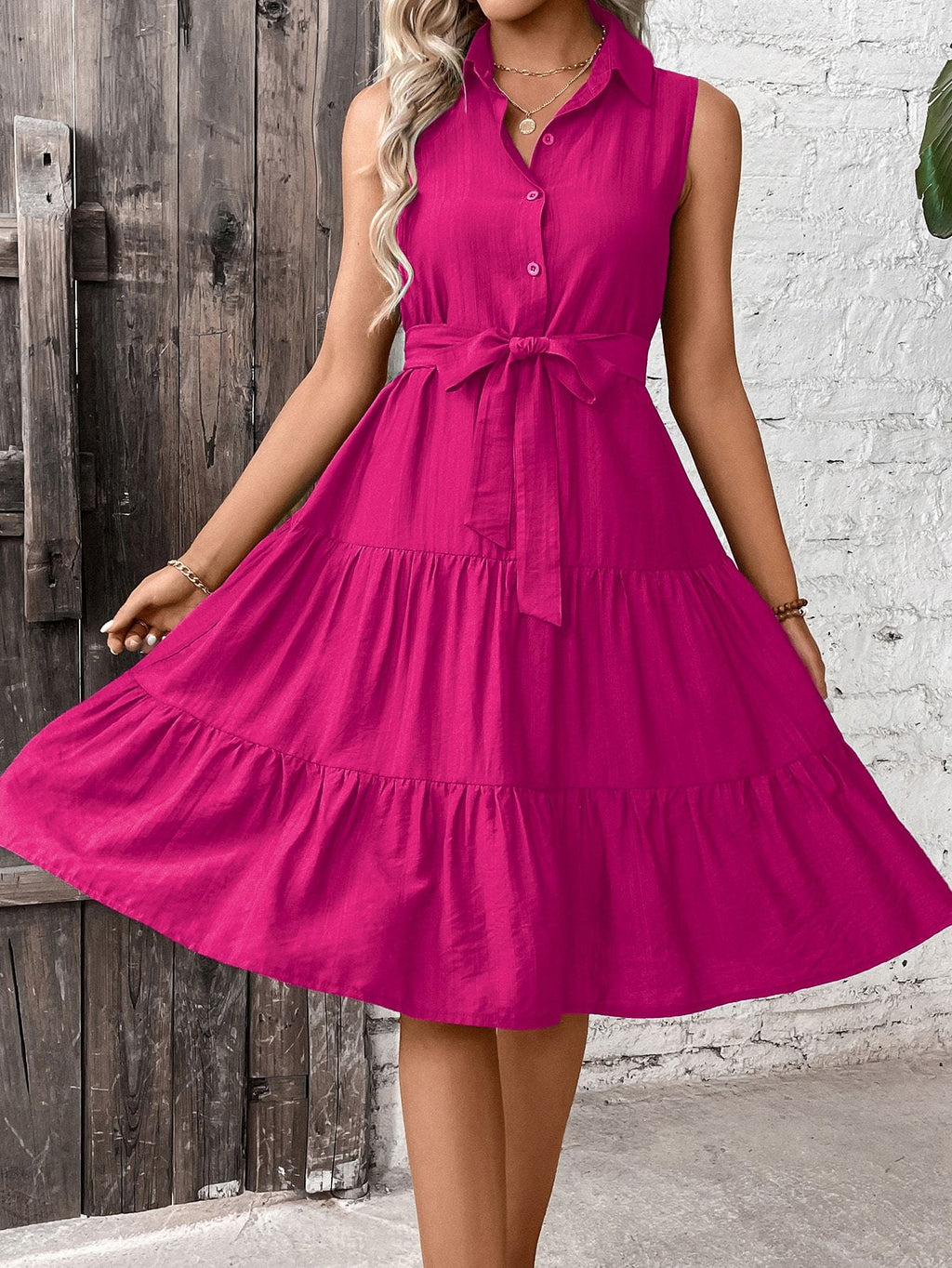 Women's Navy Blue Sleeveless Belted Ruffle Tiered Shirt Dress - Image 4