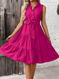 Women's Navy Blue Sleeveless Belted Ruffle Tiered Shirt Dress - Image 4