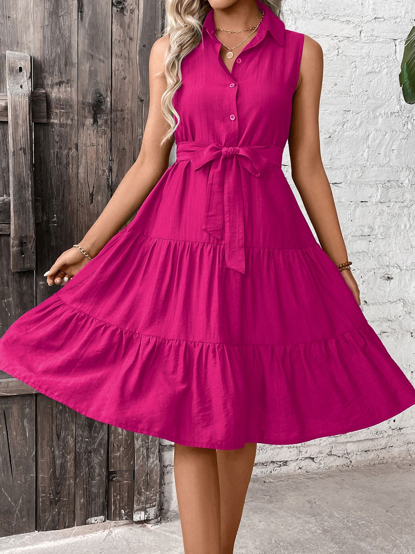 Women's Navy Blue Sleeveless Belted Ruffle Tiered Shirt Dress - Image 4