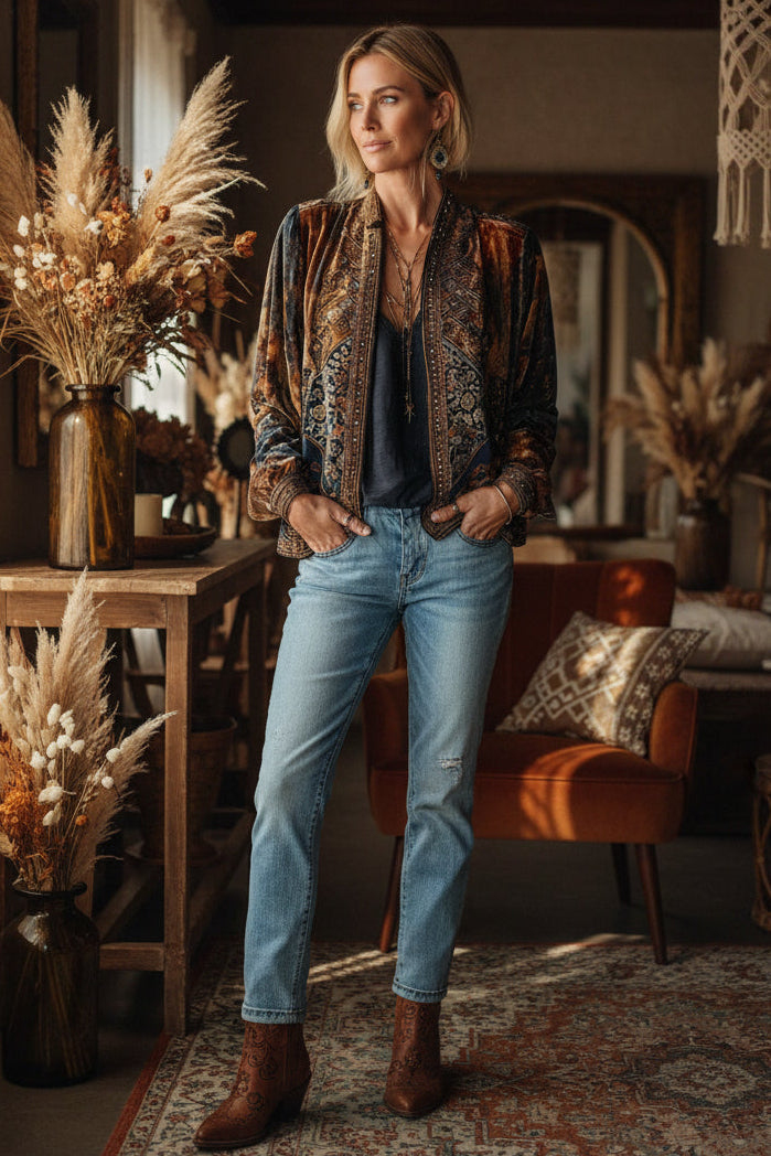 Woman wearing a loose-fit retro bohemian velvet cardigan with geometric print in amber, orange, and blue tones.