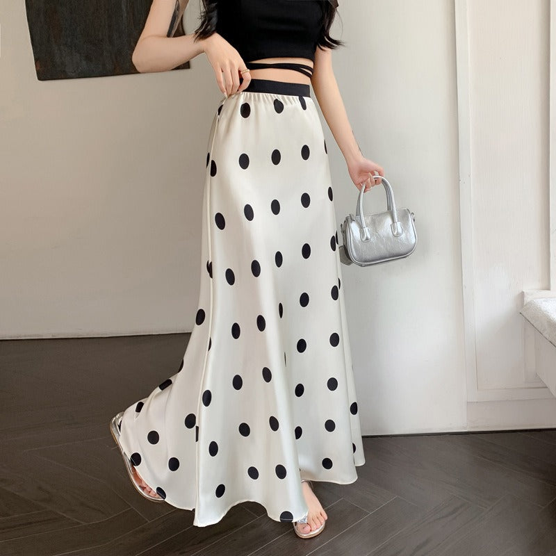 Women's Polka-Dot High-Waisted Satin A-Line Maxi Skirt - Image 3