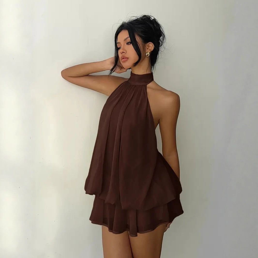 Backless Halter Neck High-Waist Mini Dress with Puffy Skirt