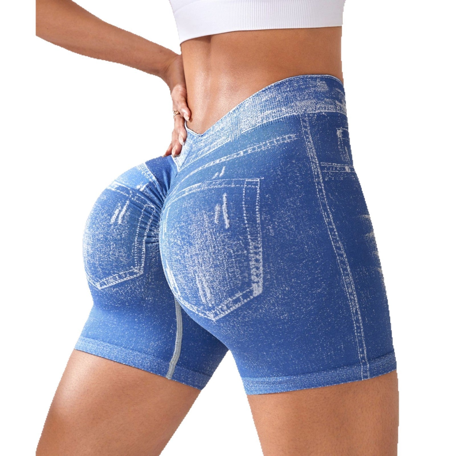 Denim-Effect Seamless Yoga Shorts High-Waisted Fitness Shorts