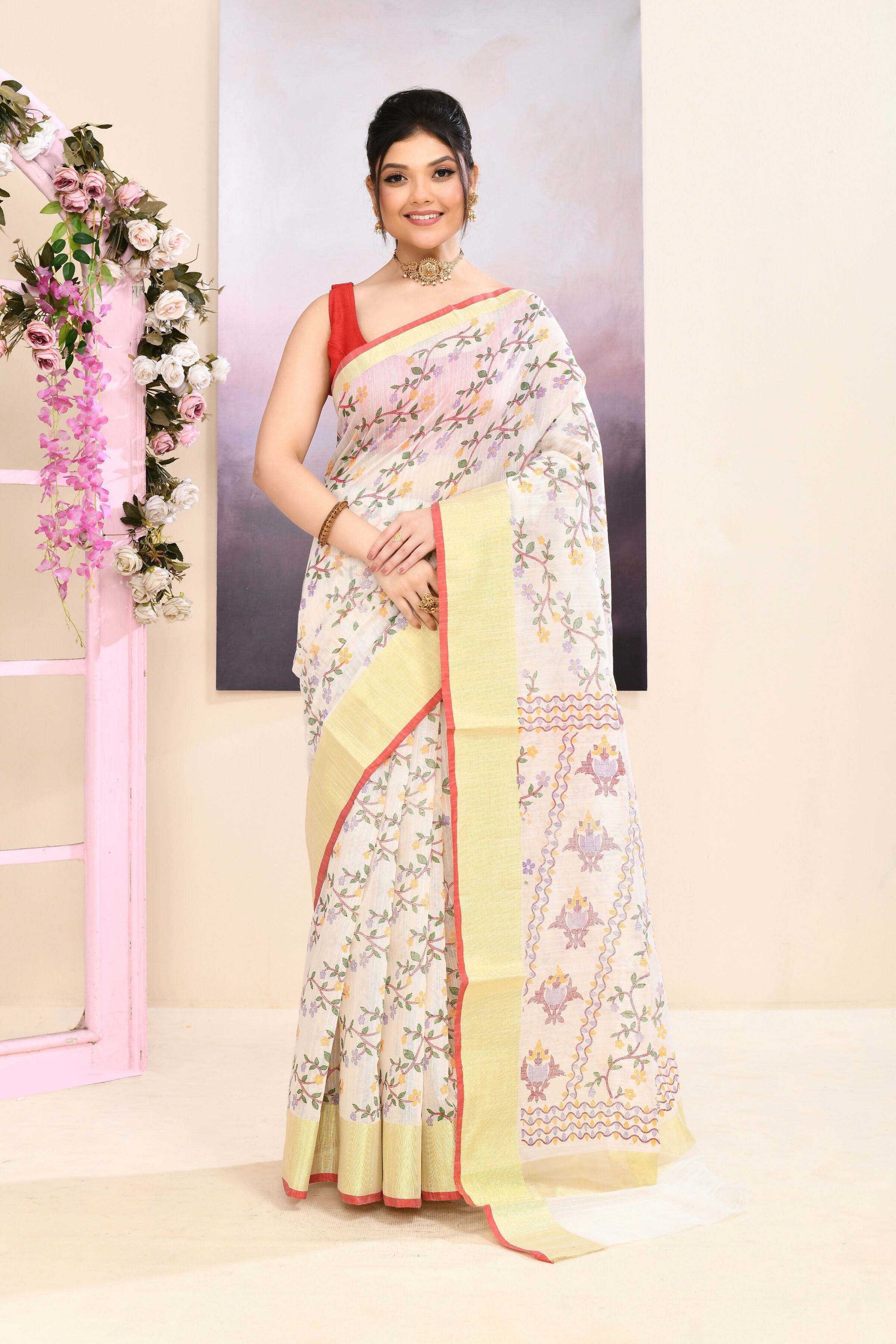 Women's White Printed Cotton Blend Saree with Embellishments
