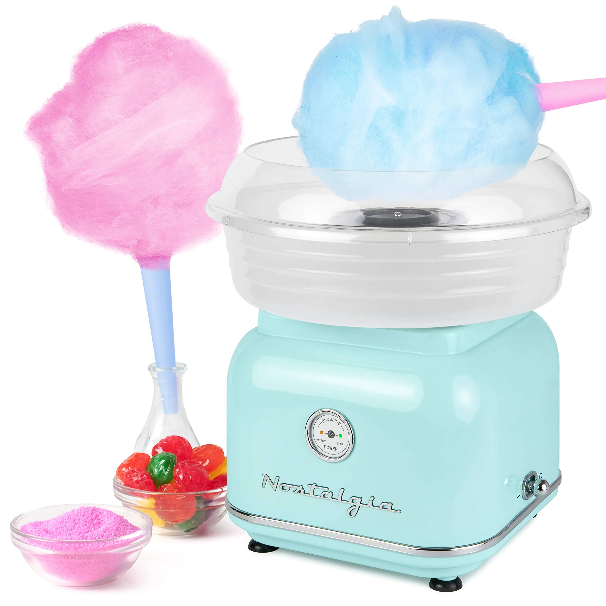 Nostalgia Classic Countertop Cotton Candy Machine Manual Retro Vintage Candy Maker Includes 2 Reusable Cones & Scoop Aqua