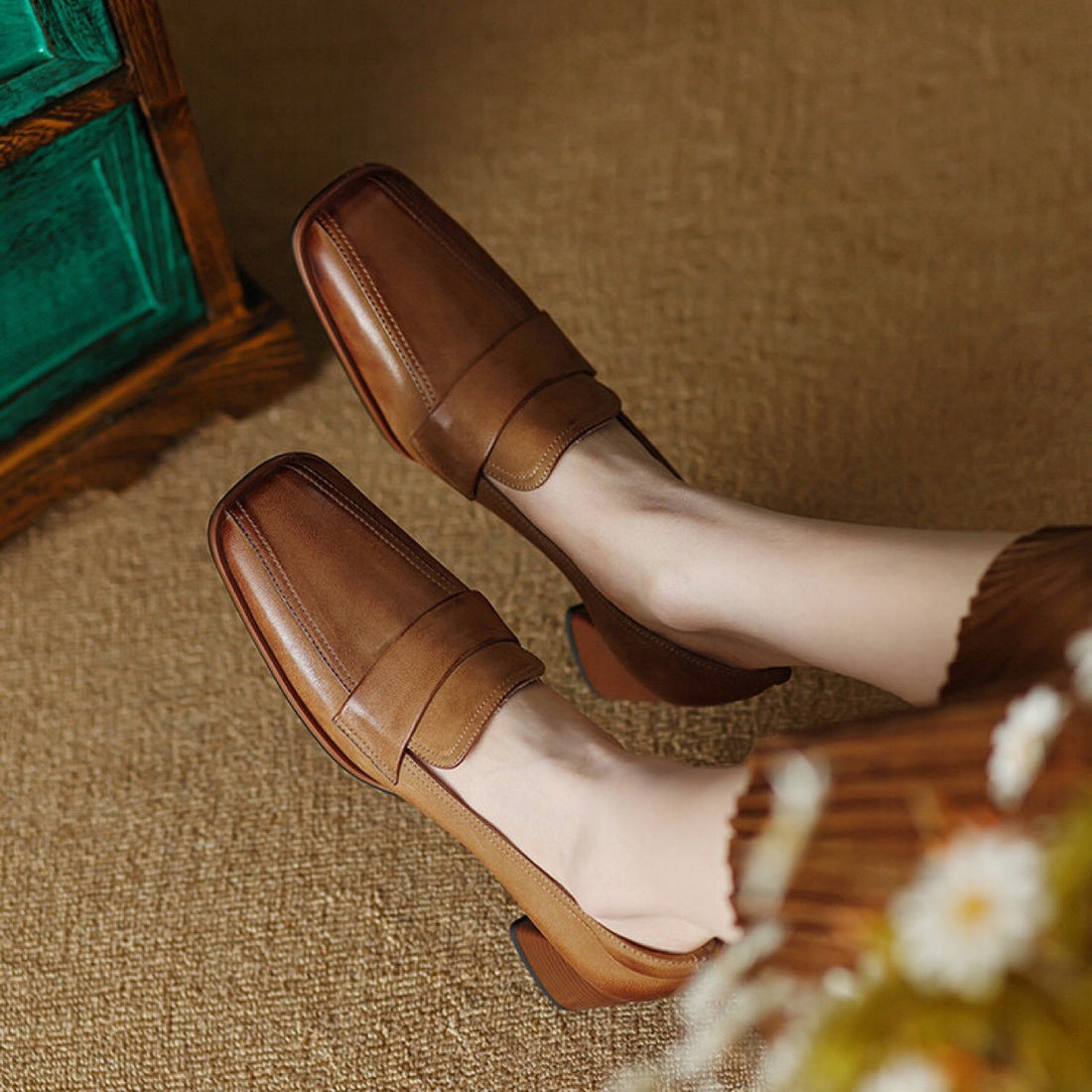 Women's Square Toe Chunky Heel Sheepskin Pumps Retro Dress Shoes - Image 4