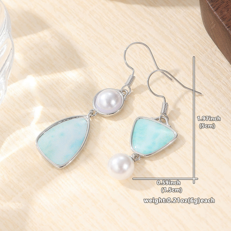 Elegant Asymmetric Pearl Blue Stone Drop Earrings Silver Tone Brass Women Daily Fashion Jewelry Gift