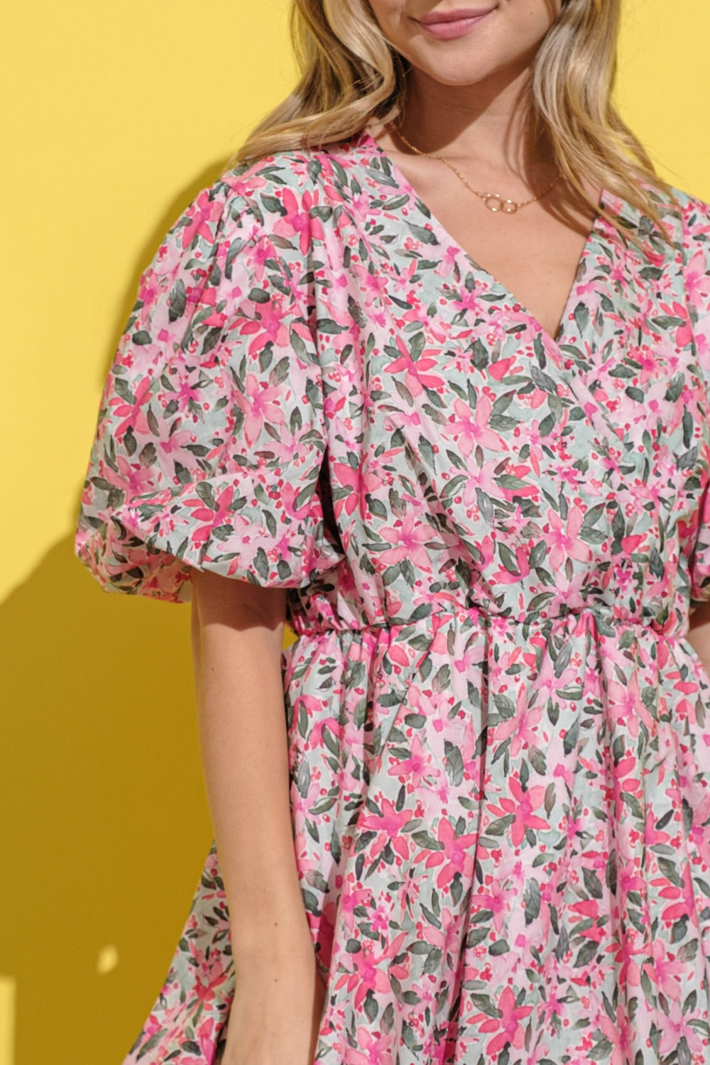 Floral Surplice Puff Sleeve Midi Dress