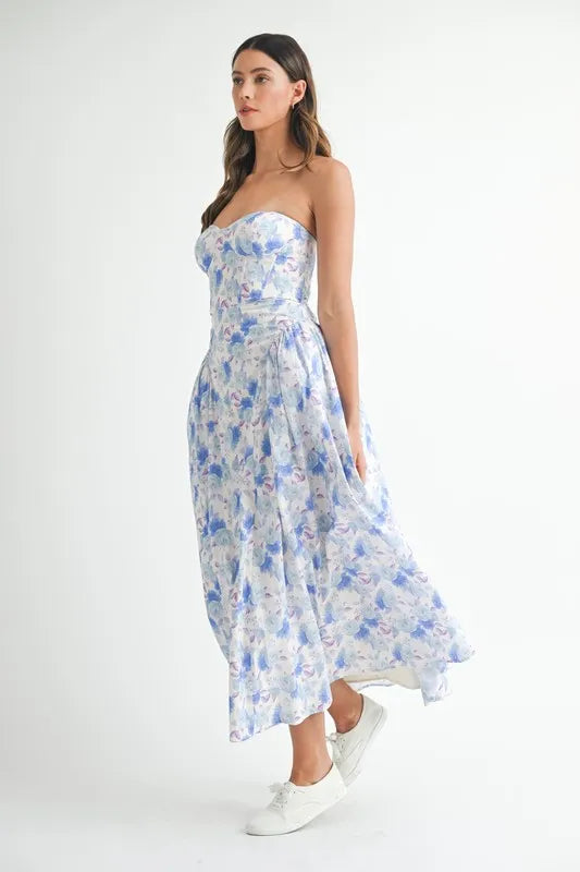 Sweetheart Neckline Floral Midi Dress in White and Blue
