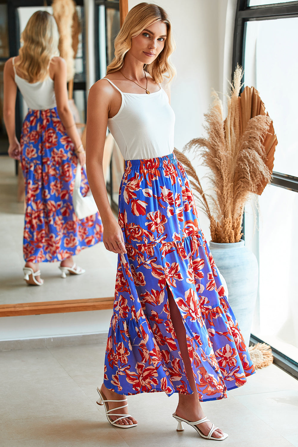 Blue Bohemian Floral Tiered Maxi Skirt with Side Split