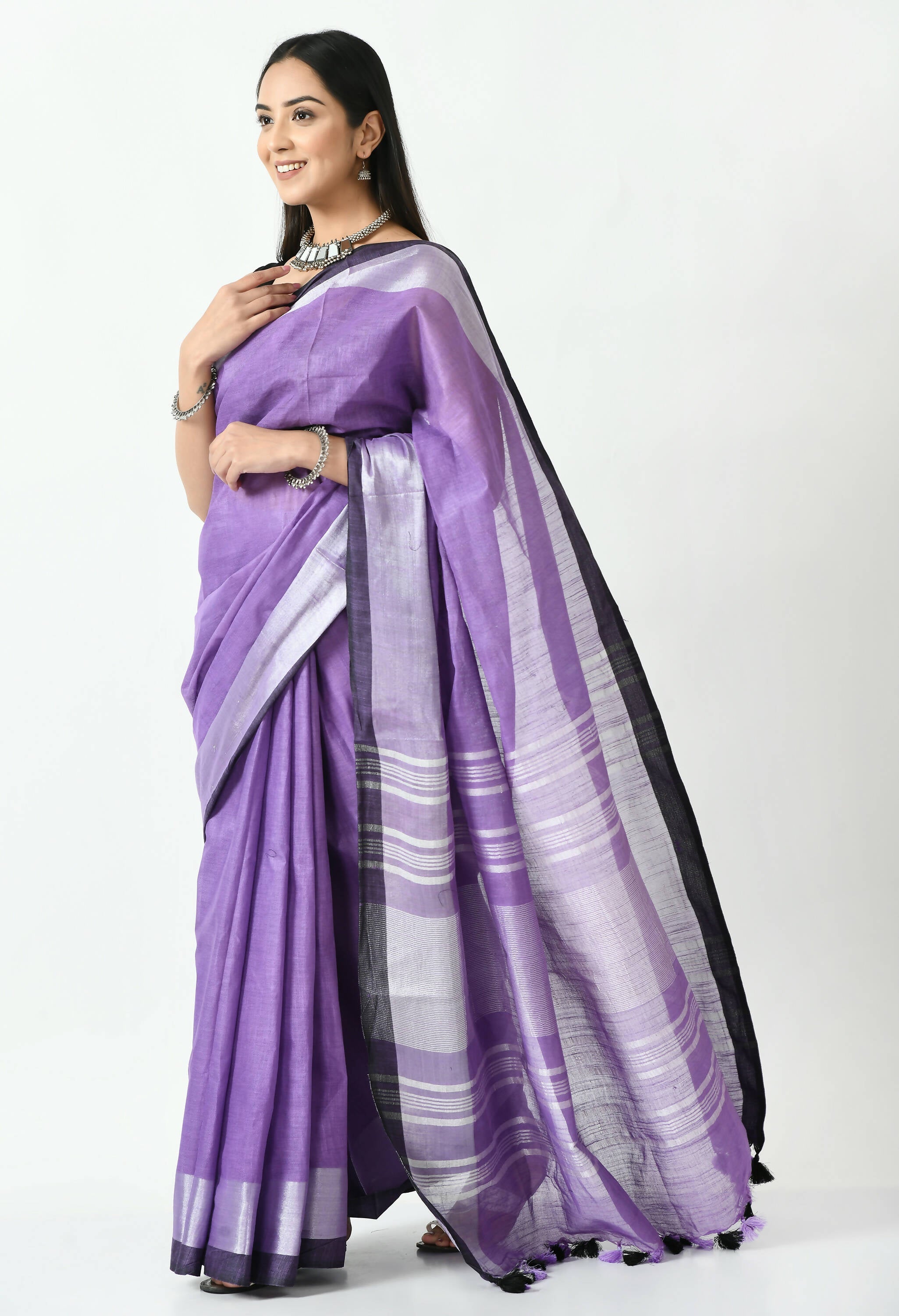 Purple and Black Bhagalpuri Handloom Silk Linen Saree with Blouse