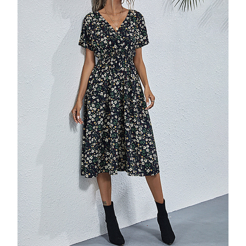 Boho Floral Print V-Neck Mini Dress with Smocked Waist
