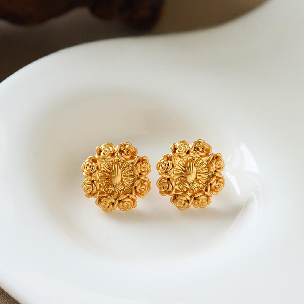 Womens Rose Prayer-Hands Relief Earrings