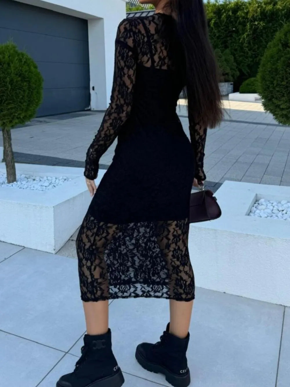 Lace Round Neck Long Sleeve Midi Dress in Black