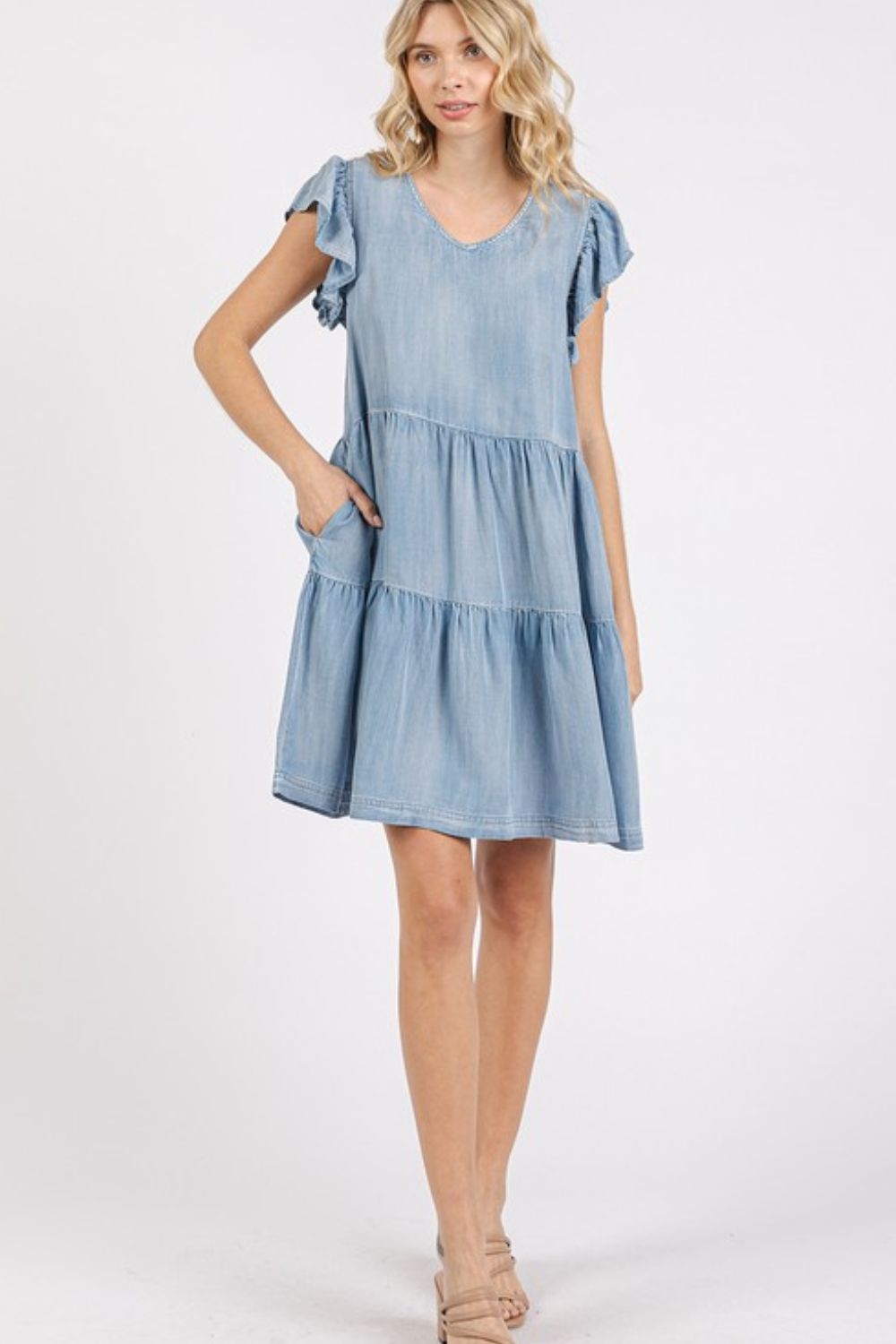 V-Neck Ruffled Cap Sleeve Mini Dress for Women