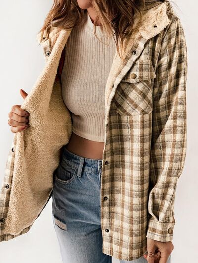 Plush Plaid Snap Down Hooded Jacket Cozy Warm Casual Outerwear