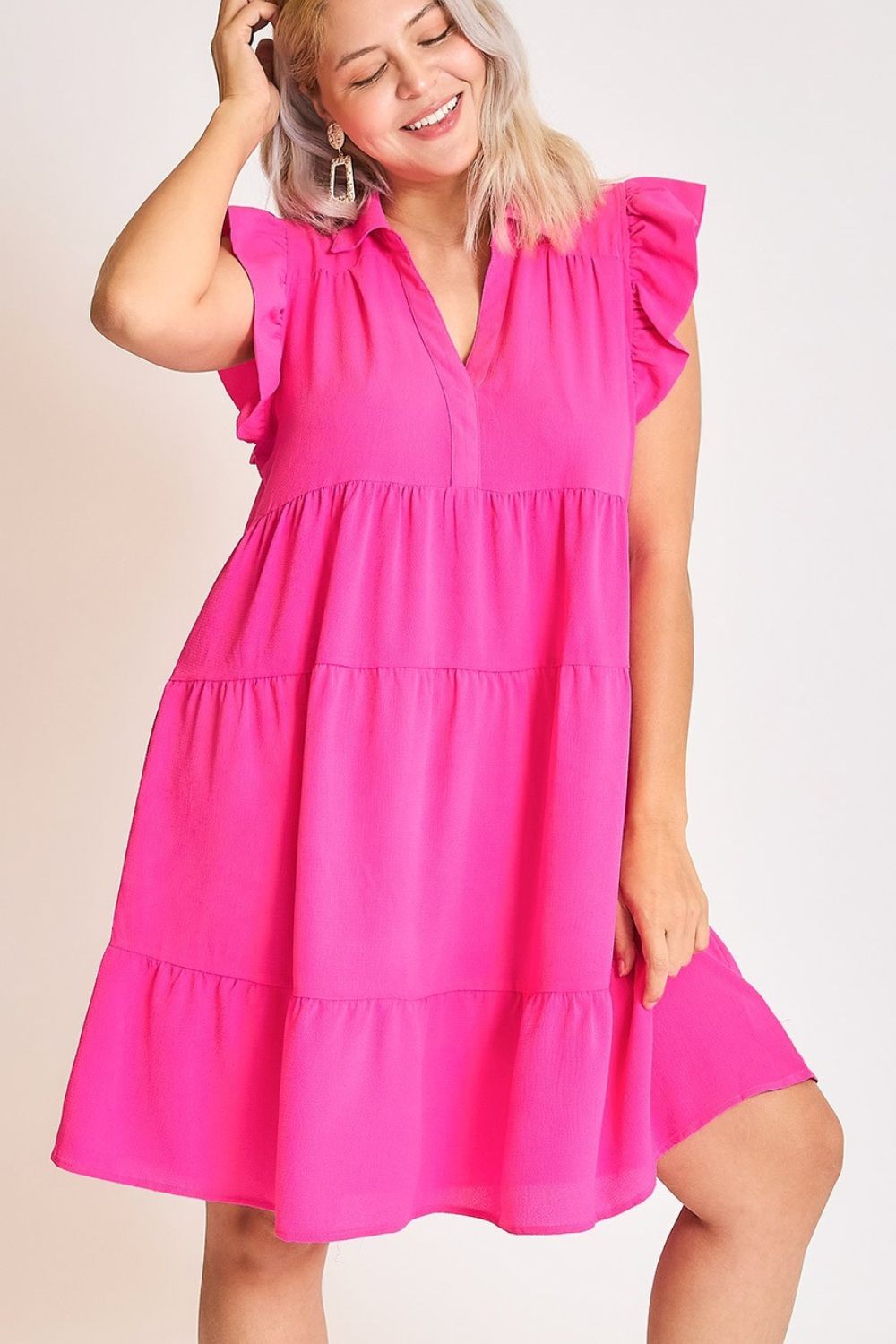 Elegant Ruffle Cap Sleeve Dress with Collared Neckline