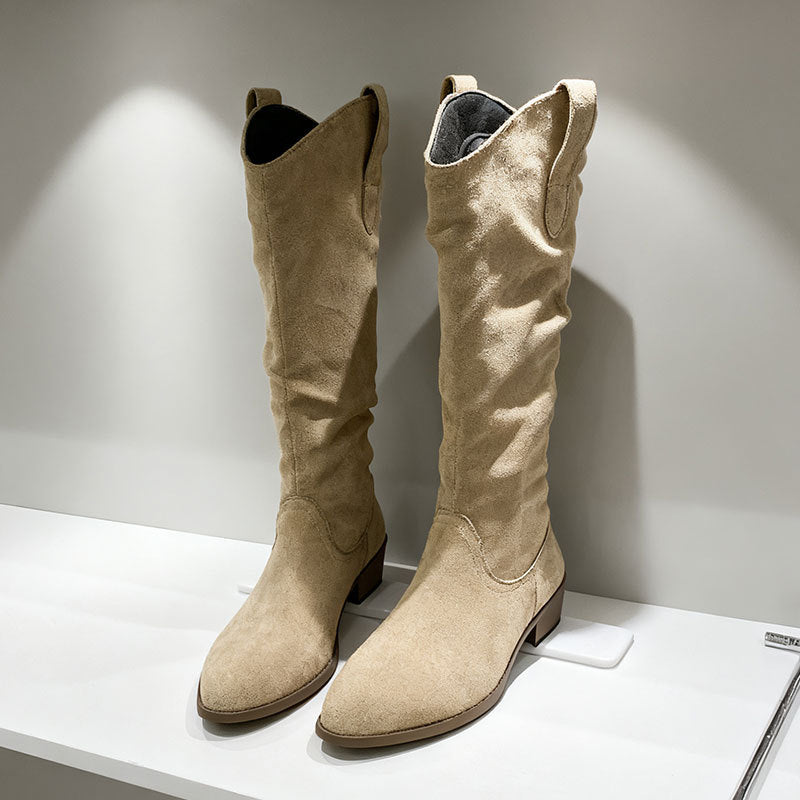 Women's Chunky Heel Suede Riding Boots Comfortable Knee High Boots - Image 6