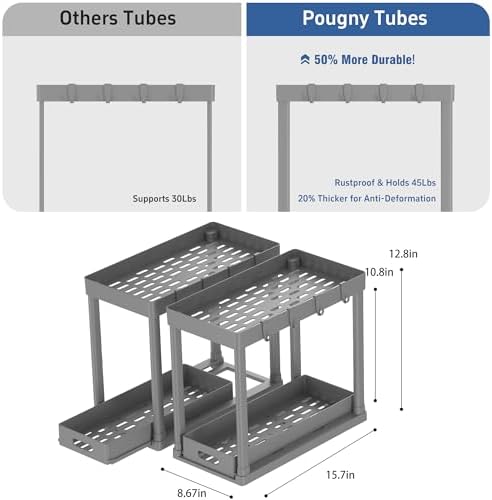 2PC Under Sink Organizer Rack 2 Tier Under Sliding Cabinet Basket Organizer