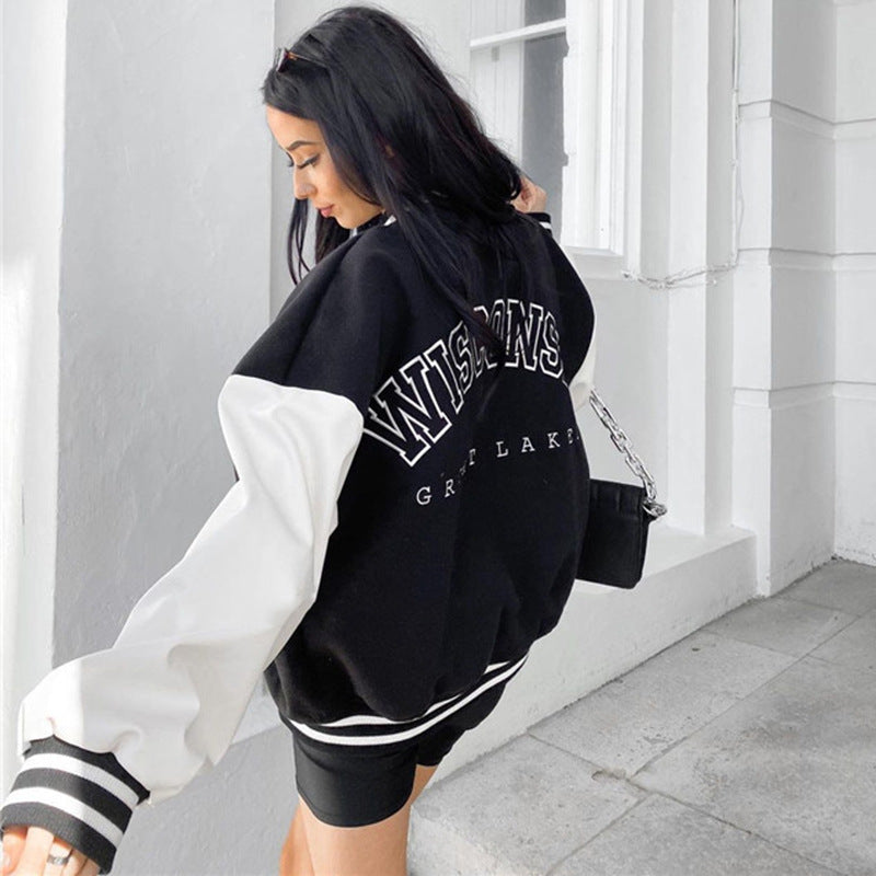 Women's Oversized Lettered Varsity Baseball Jacket Black White - Image 3