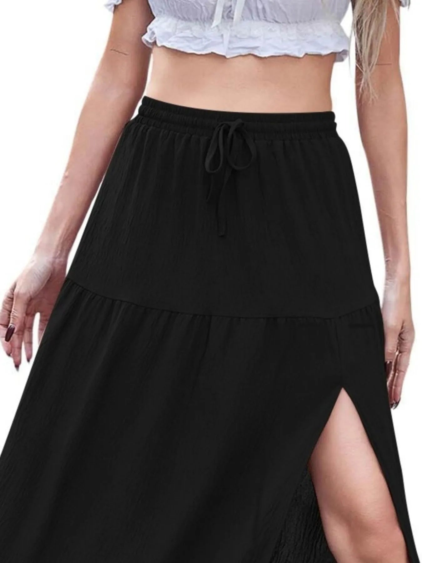 White Tiered Ruffled Maxi Skirt with Side Slit - Image 6