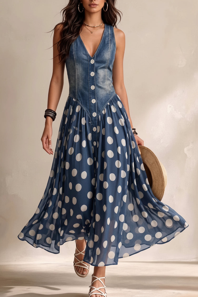 Denim Bodice Polka Dot Chiffon Skirt Sleeveless Midi Dress