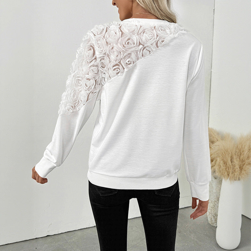 Women's White Long Sleeve Sweater with Three-Dimensional Flowers