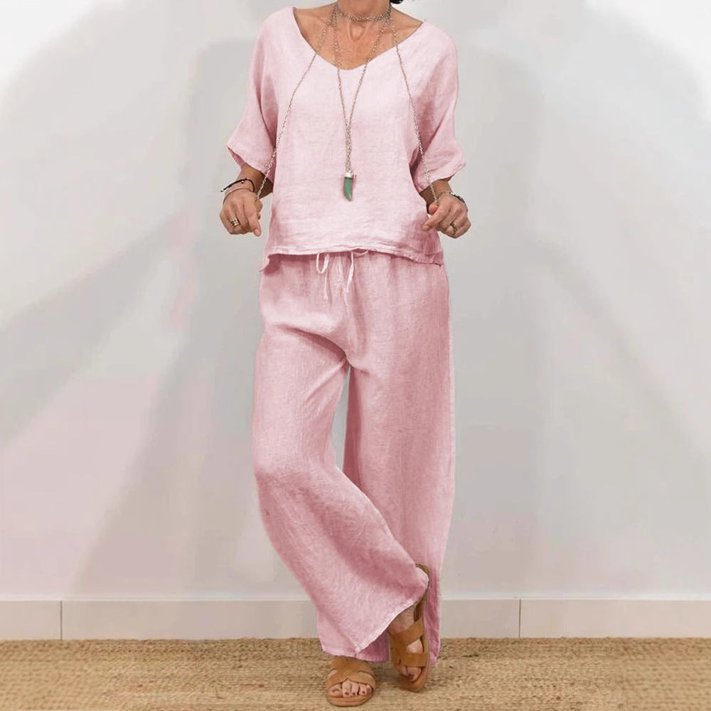 Women's V-Neck Pullover Top and Wide Leg Pants Two Piece Set - Image 4
