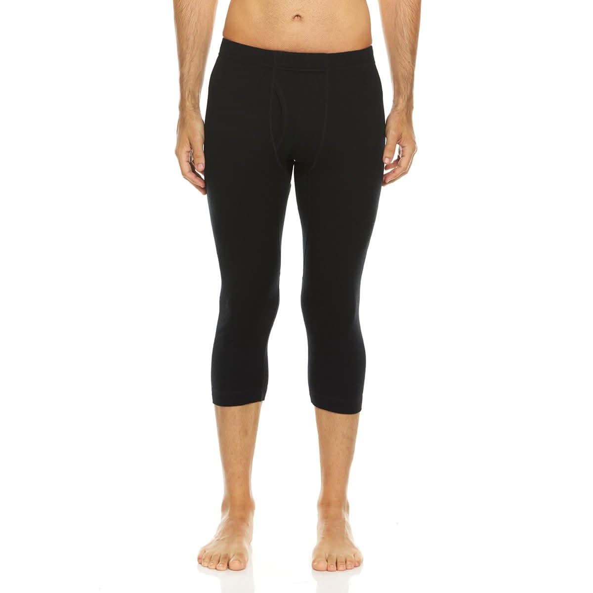 Men's 3/4 length black Merino wool ski base layer bottoms.