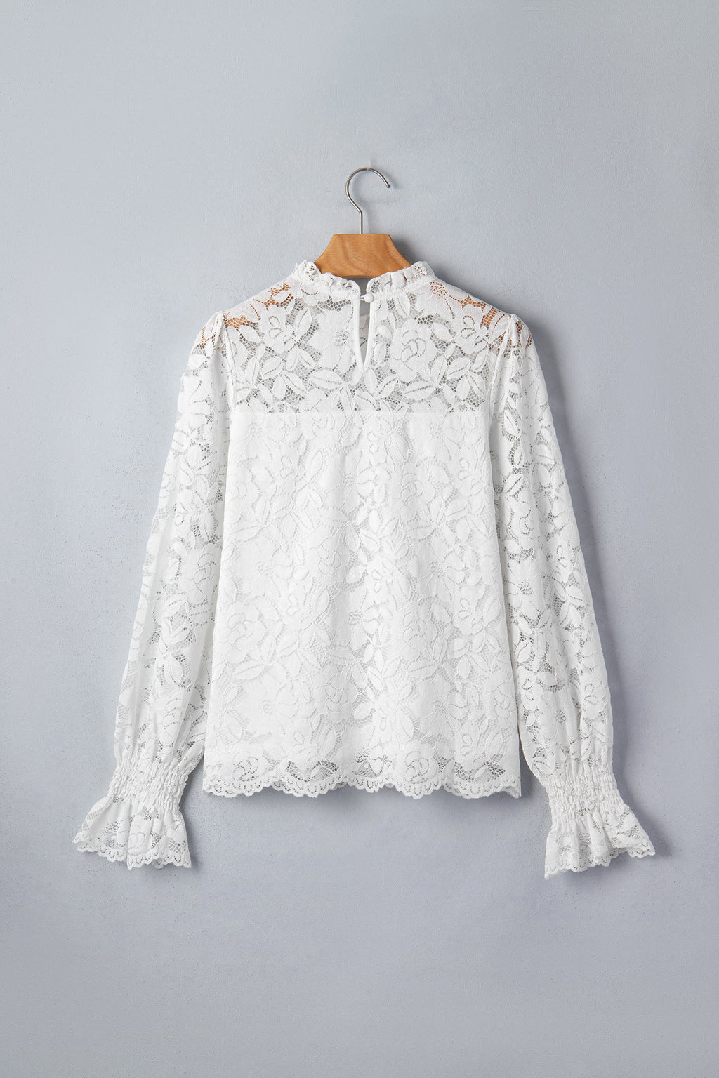 Lace Ruffle Round Neck Flounce Sleeve Blouse in White