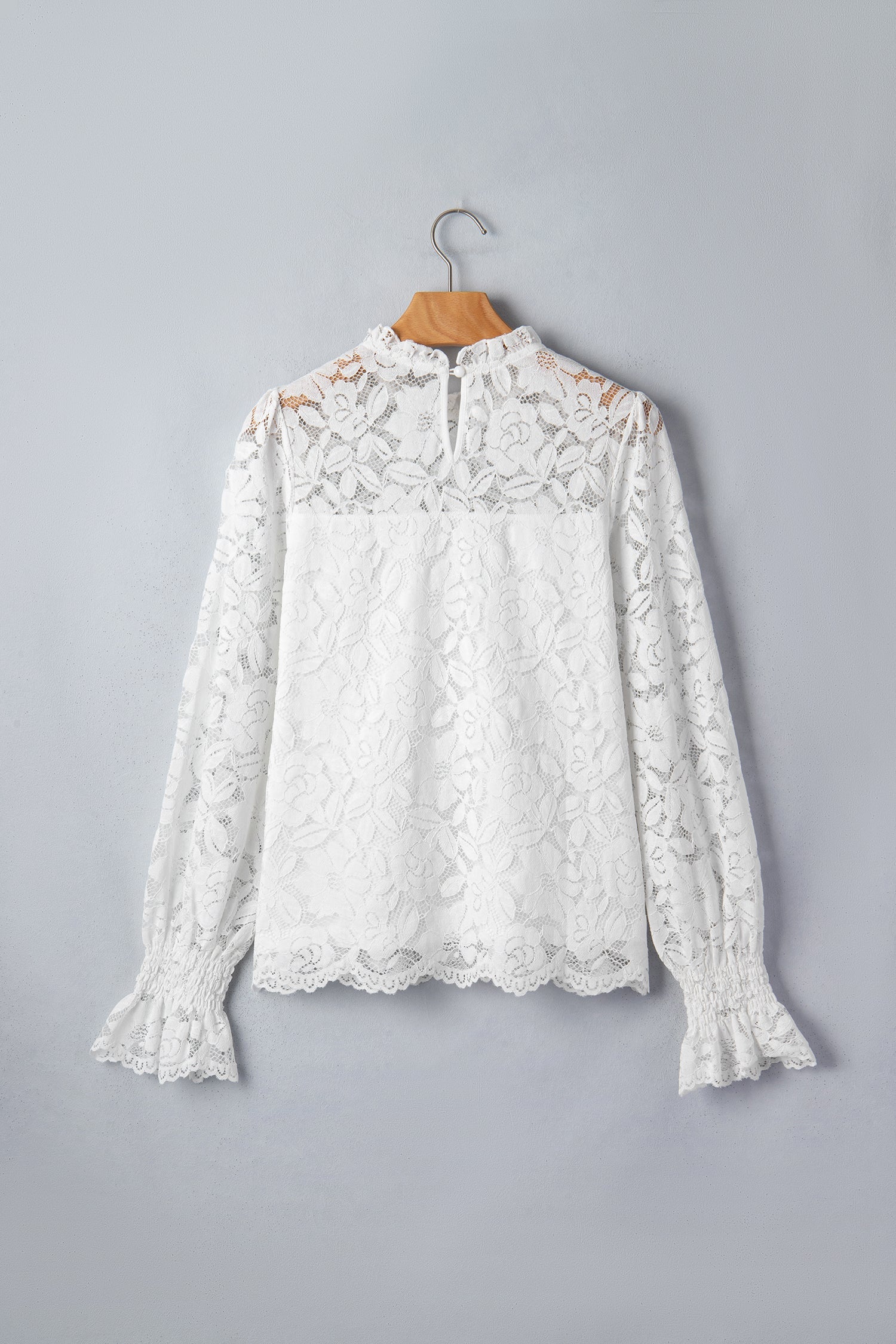 Lace Ruffle Round Neck Flounce Sleeve Blouse in White