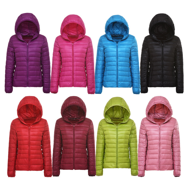 Eight different colored women's ultra-lightweight slim fit hooded puffer jackets displayed, along with a lifestyle shot of a woman wearing a light pink jacket.