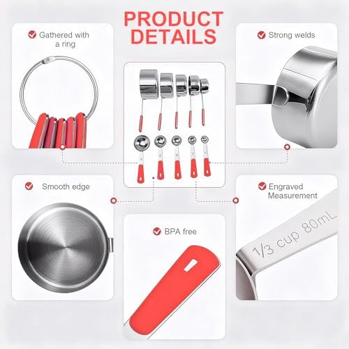 Bopei 10-Pcs Stainless Steel Measuring Cups & Spoons Set