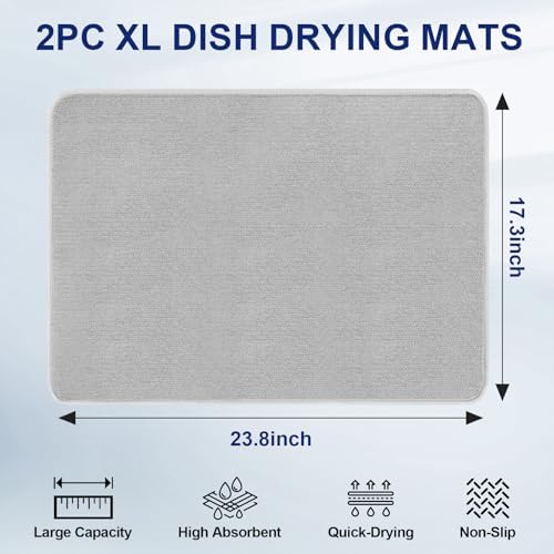 Large Dish Drying Mat 2 Pack, 23.8" x 17.3" Microfiber Ultra Absorbent