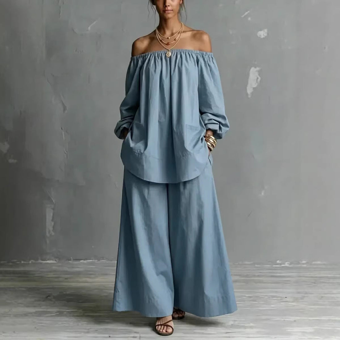 Off-Shoulder Cotton-Linen Wide-Leg Pants Set - Breathable Two-Piece - Image 5