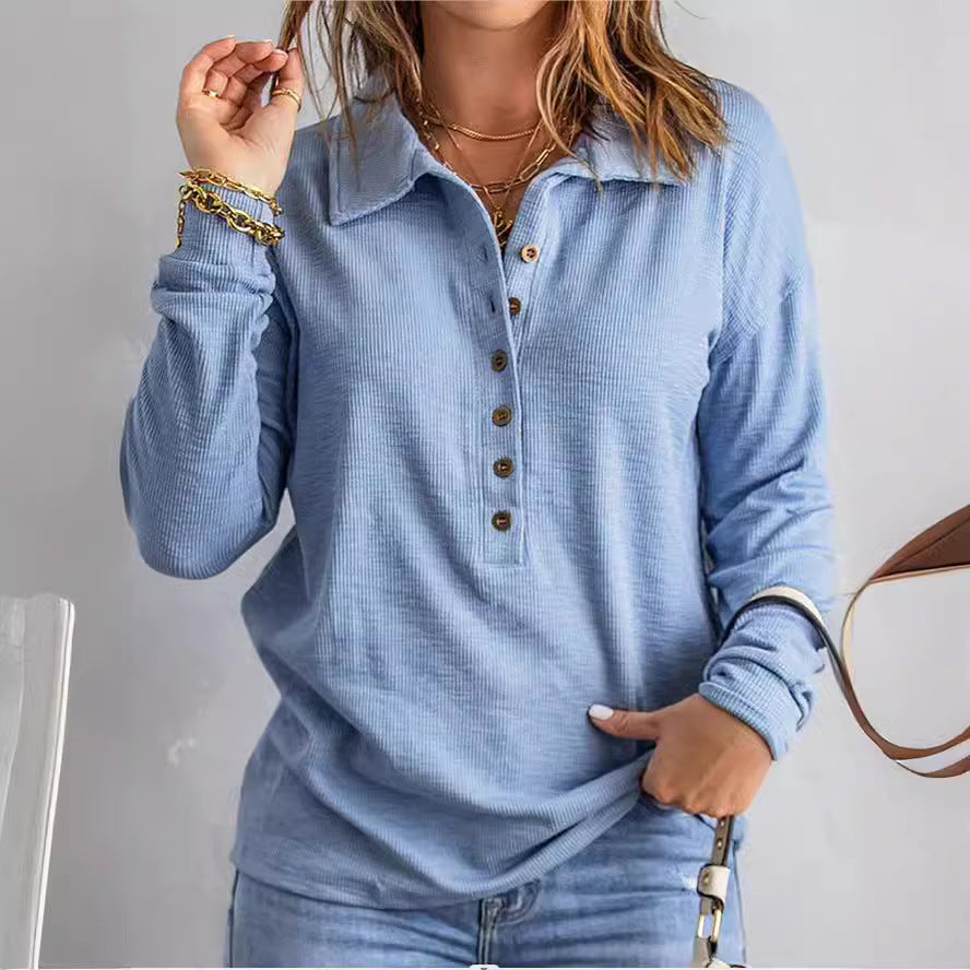 Women's Long Sleeve Waffle Knit Polo Shirt with Button Detail - Image 3