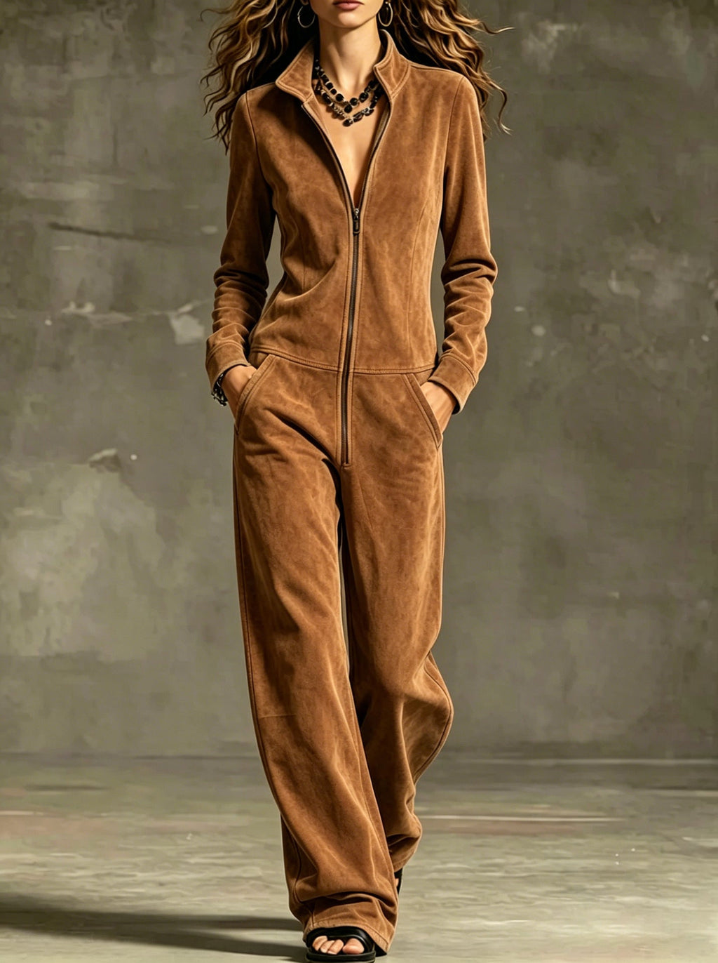 Women's Suede-Look Zip-Front Wide-Leg Jumpsuit