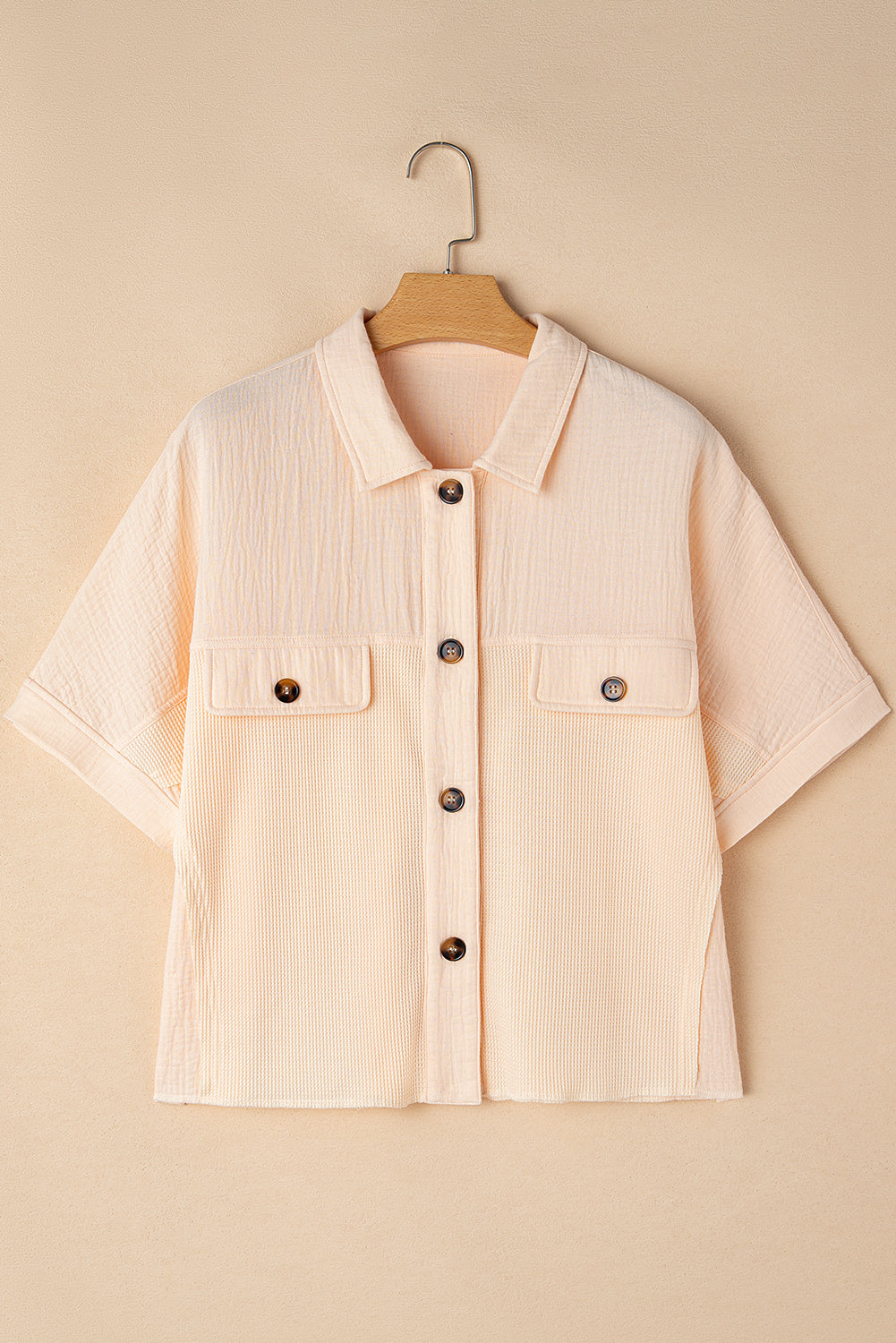 Beige Waffle Splicing Batwing Sleeve Shirt with Flap Detail