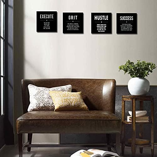 Motivational Grit Success Execute Success Quotes Canvas Wall Art -Inspirational Office Wall Art Poster Quotes - Canvas Artwork Picture Print Framed for Home Bedroom Office Wall Decor-16 x16 x4pcs