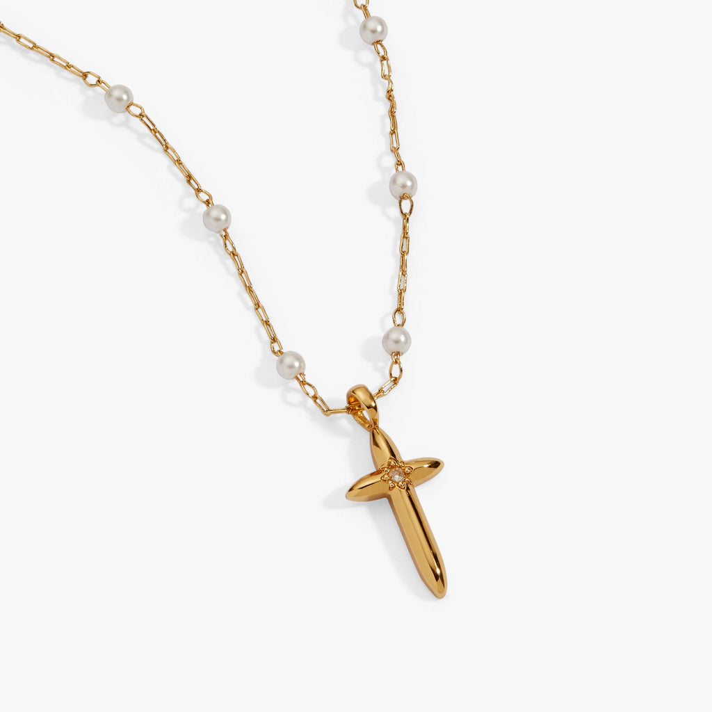 Cross 4:13 Pendant Necklace with Beaded White Pearl Rosary Chain