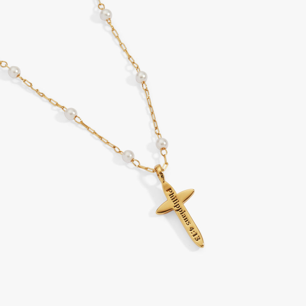 Cross 4:13 Pendant Necklace with Beaded White Pearl Rosary Chain