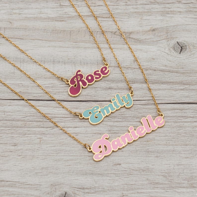 Personalized Cursive Name Necklace in Gold, Teal, Pink and Magenta