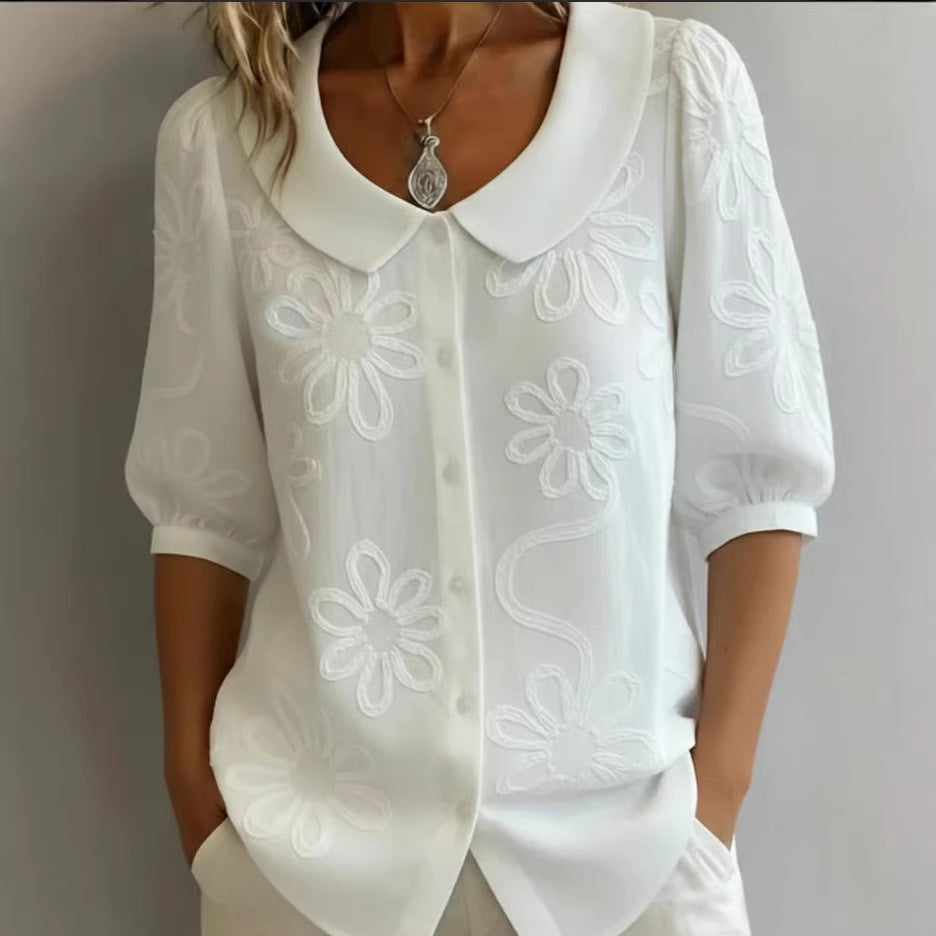 Women's Loose-Fit Retro 3D Embroidered Floral Buttoned Casual Top - Image 4