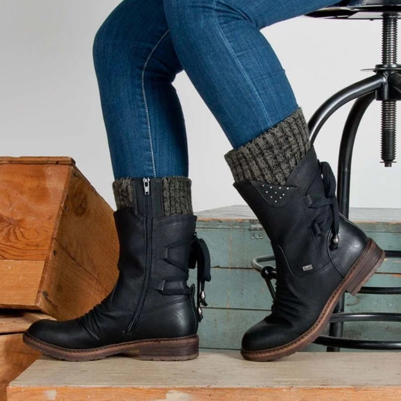 Women's Mid-Calf Flocked Suede Winter Boots with Knit Cuff - Image 7