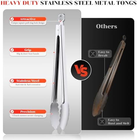 7/9/12 Inch Kitchen Tongs for Cooking, Heat Resistant Stainless Steel Tongs
