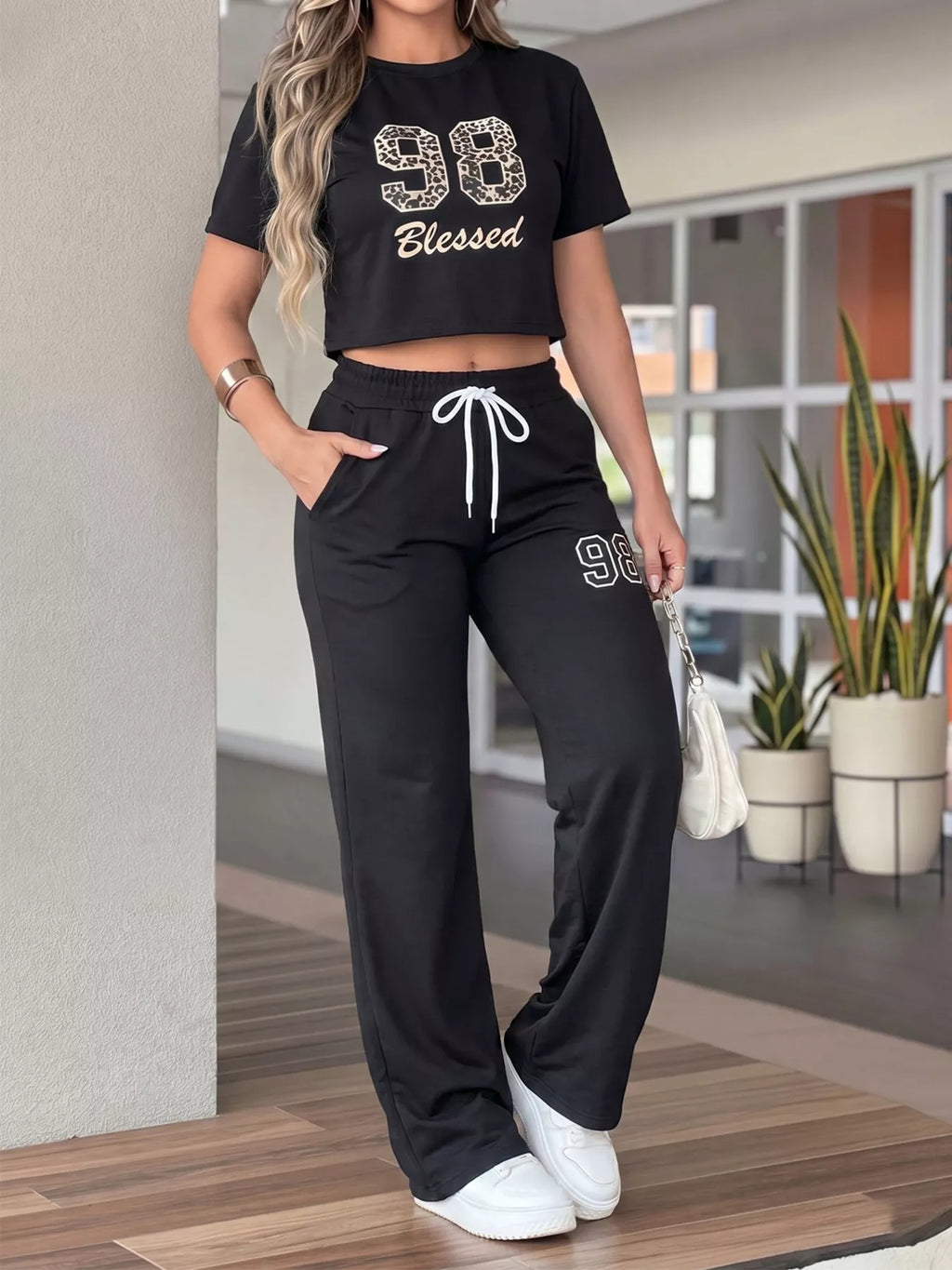 Blessed 98 Leopard Print Crop Top and Wide Leg Pants Set