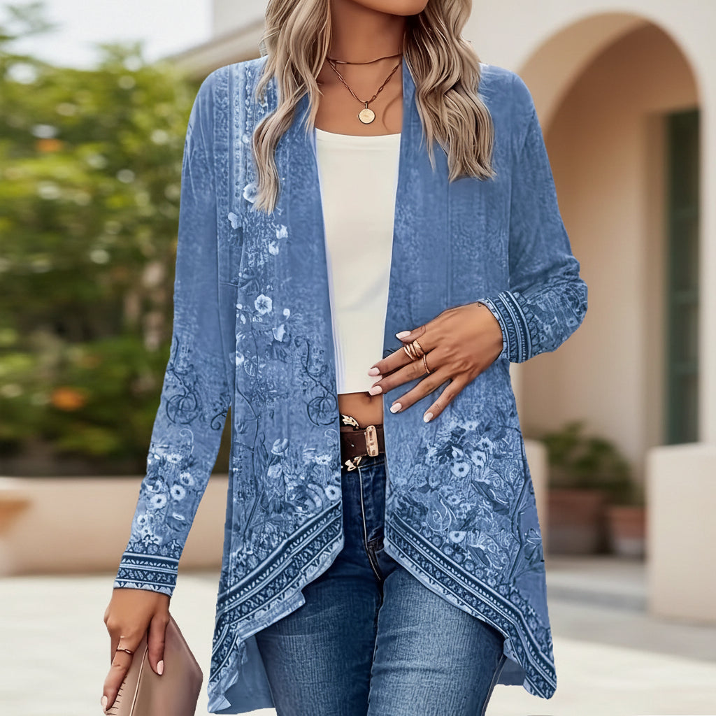 Women's Floral Print Open-Front Cardigan – Long Sleeve Boho Kimono Jacket