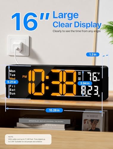 MASHI 16" Easy-Read Large Digital Wall Clock, 9-Color Night Light