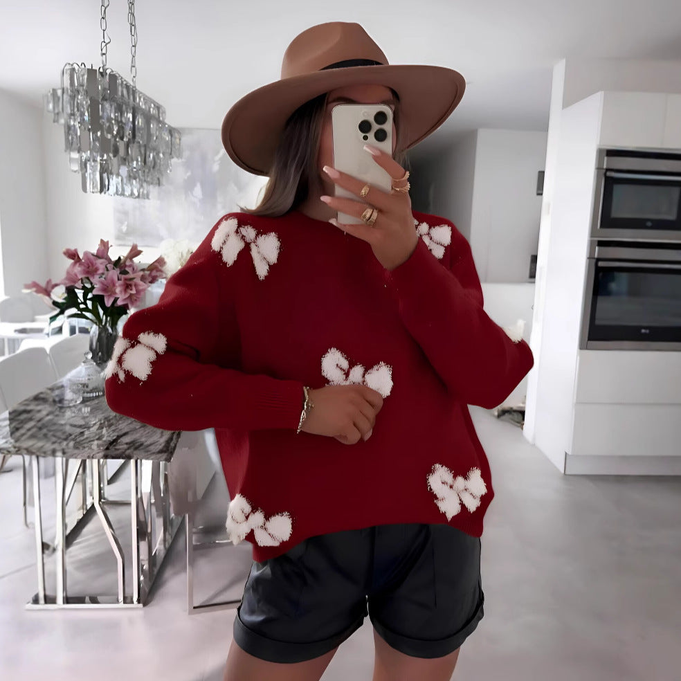 White Round Neck Long Sleeve Sweater with Pink Butterfly Accents - Image 4