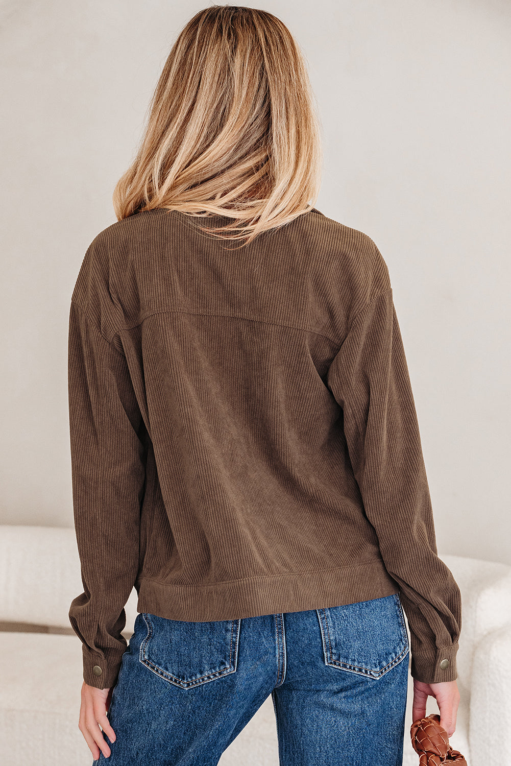 Women Brown Corduroy Trucker Jacket with Zip and Button Detail - Image 2